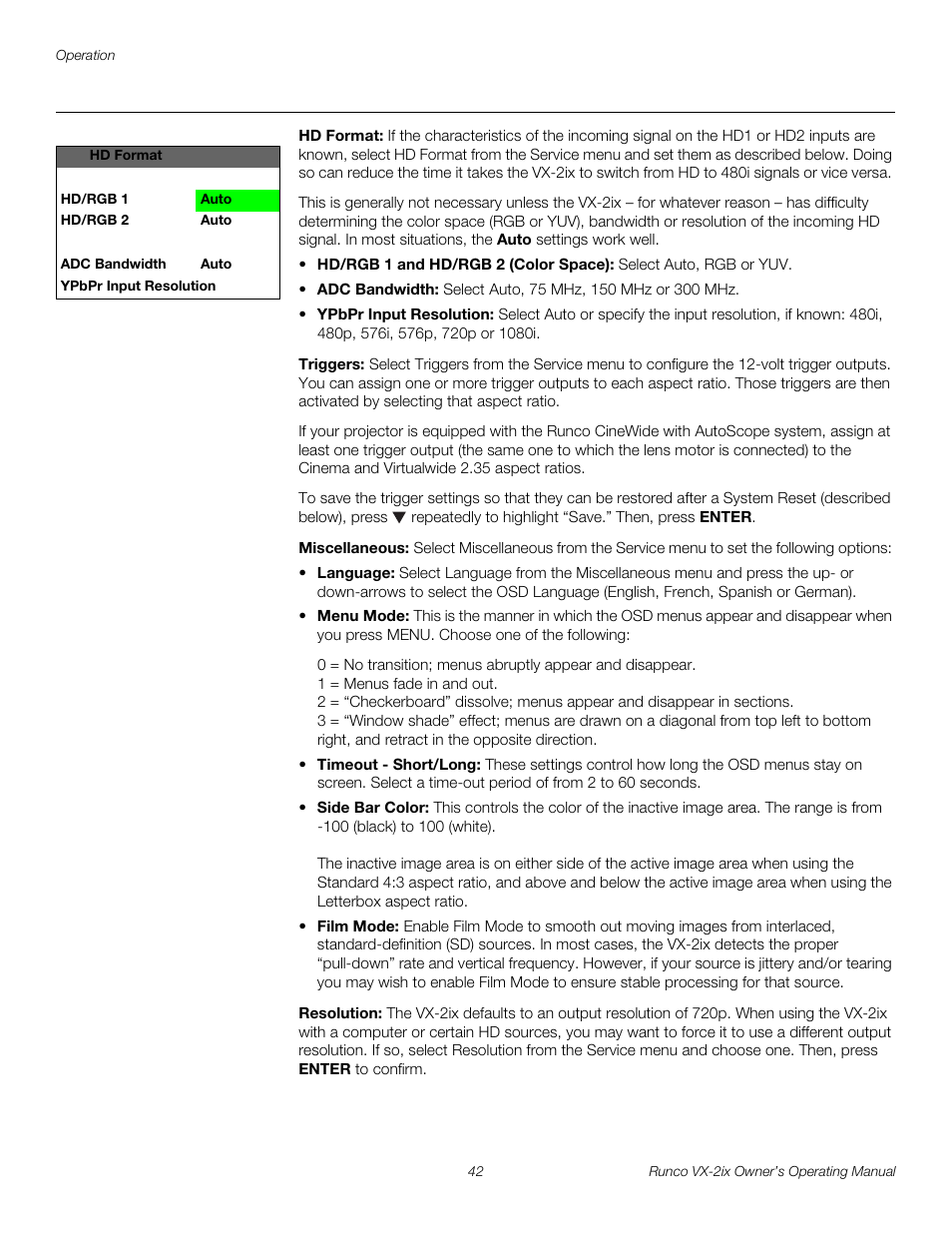 Hd format, Triggers, Miscellaneous | Resolution | Runco Video Xtreme VX-2ix User Manual | Page 54 / 80