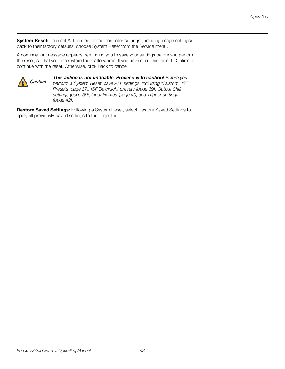 System reset, Restore saved settings, System reset, y | Restore saved settings in t, D restore saved settings | Runco Video Xtreme VX-2ix User Manual | Page 55 / 80