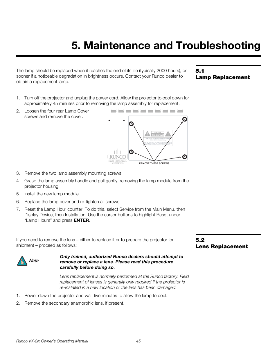 Maintenance and troubleshooting, 1 lamp replacement, 2 lens replacement | Lamp replacement, Lens replacement | Runco Video Xtreme VX-2ix User Manual | Page 57 / 80