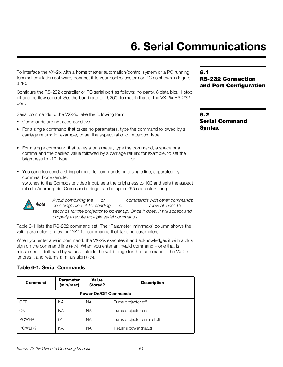 Serial communications, 1 rs-232 connection and port configuration, 2 serial command syntax | Table 6-1 . serial commands, Rs-232 connection and port configuration, Serial command syntax, Serial communications on | Runco Video Xtreme VX-2ix User Manual | Page 63 / 80