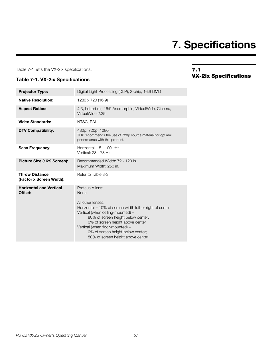 Specifications, 1 vx-2ix specifications, Table 7-1 . vx-2ix specifications | Vx-2ix specifications | Runco Video Xtreme VX-2ix User Manual | Page 69 / 80