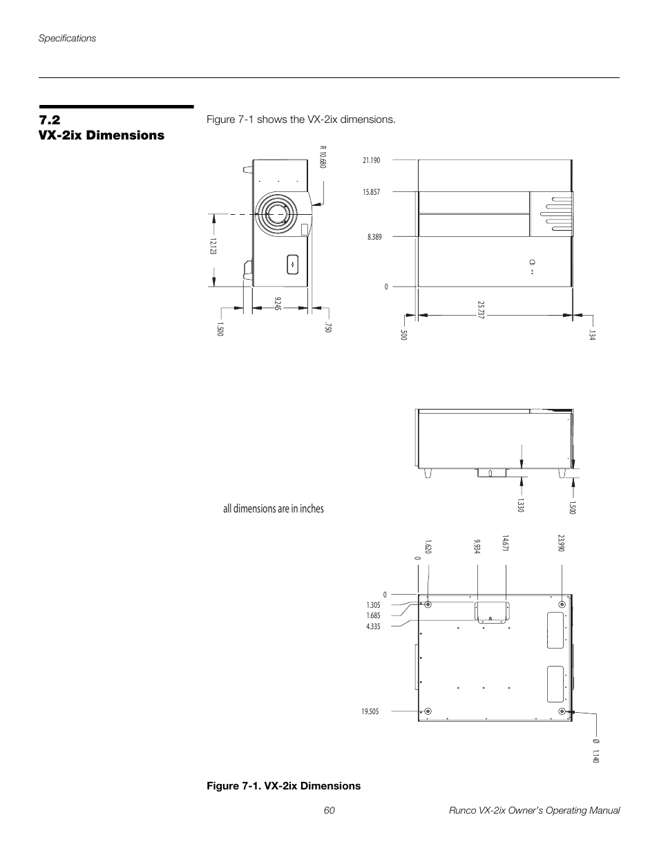 2 vx-2ix dimensions, Figure 7-1 . vx-2ix dimensions, Vx-2ix dimensions | 1. vx-2ix dimensions, All dimensions are in inches | Runco Video Xtreme VX-2ix User Manual | Page 72 / 80