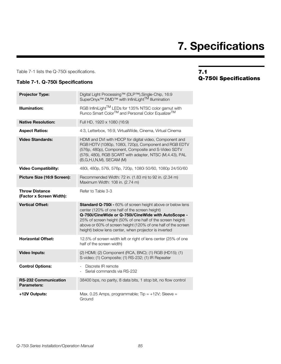 Specifications, 1 q-750i specifications, Table 7-1 . q-750i specifications | Q-750i specifications, Pre l iminar y | Runco QUANTUM COLOR Q-750I User Manual | Page 101 / 108