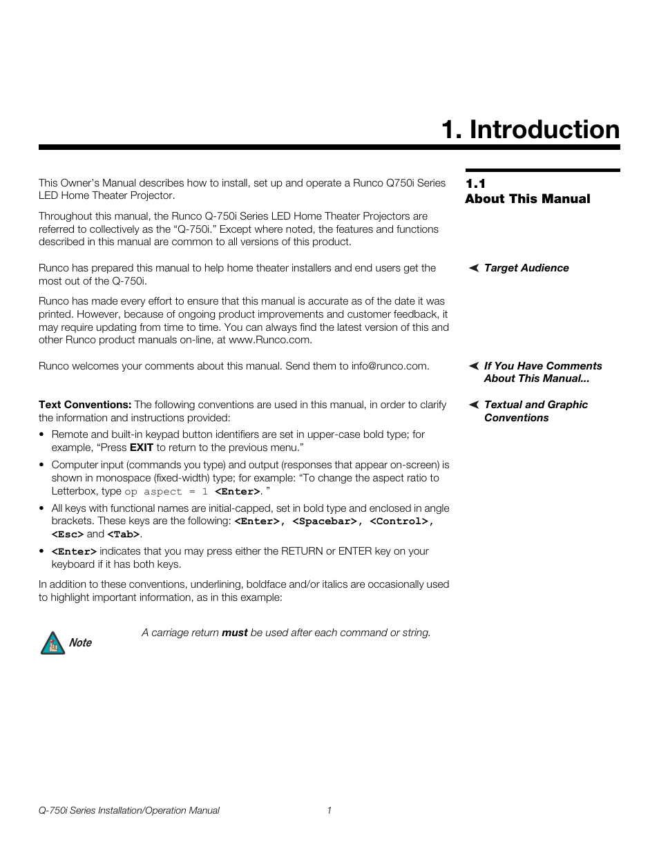 Introduction, 1 about this manual, Target audience | If you have comments about this manual, Textual and graphic conventions, Text conventions, About this manual, Pre l iminar y | Runco QUANTUM COLOR Q-750I User Manual | Page 17 / 108