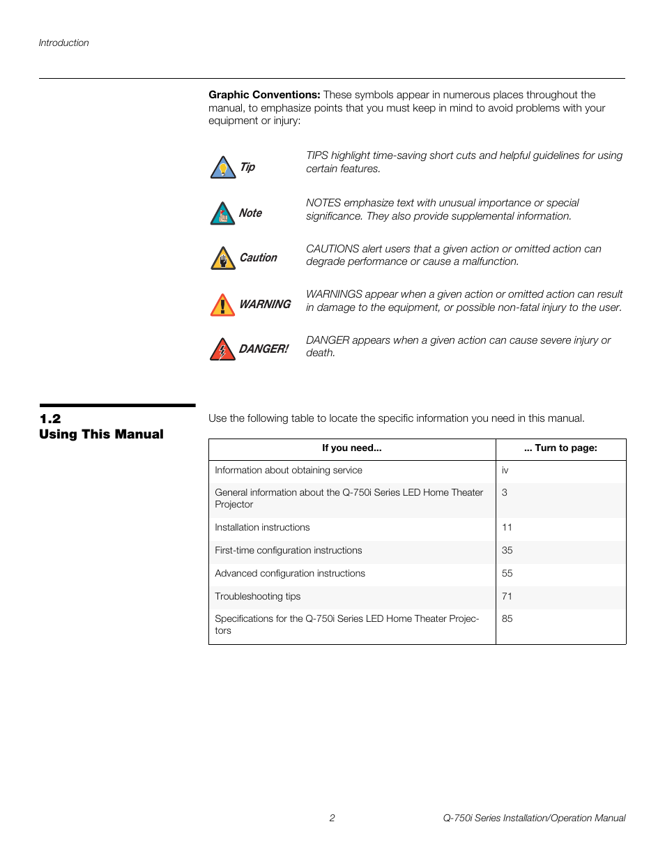 Graphic conventions, 2 using this manual, Using this manual | Pre l iminar y | Runco QUANTUM COLOR Q-750I User Manual | Page 18 / 108