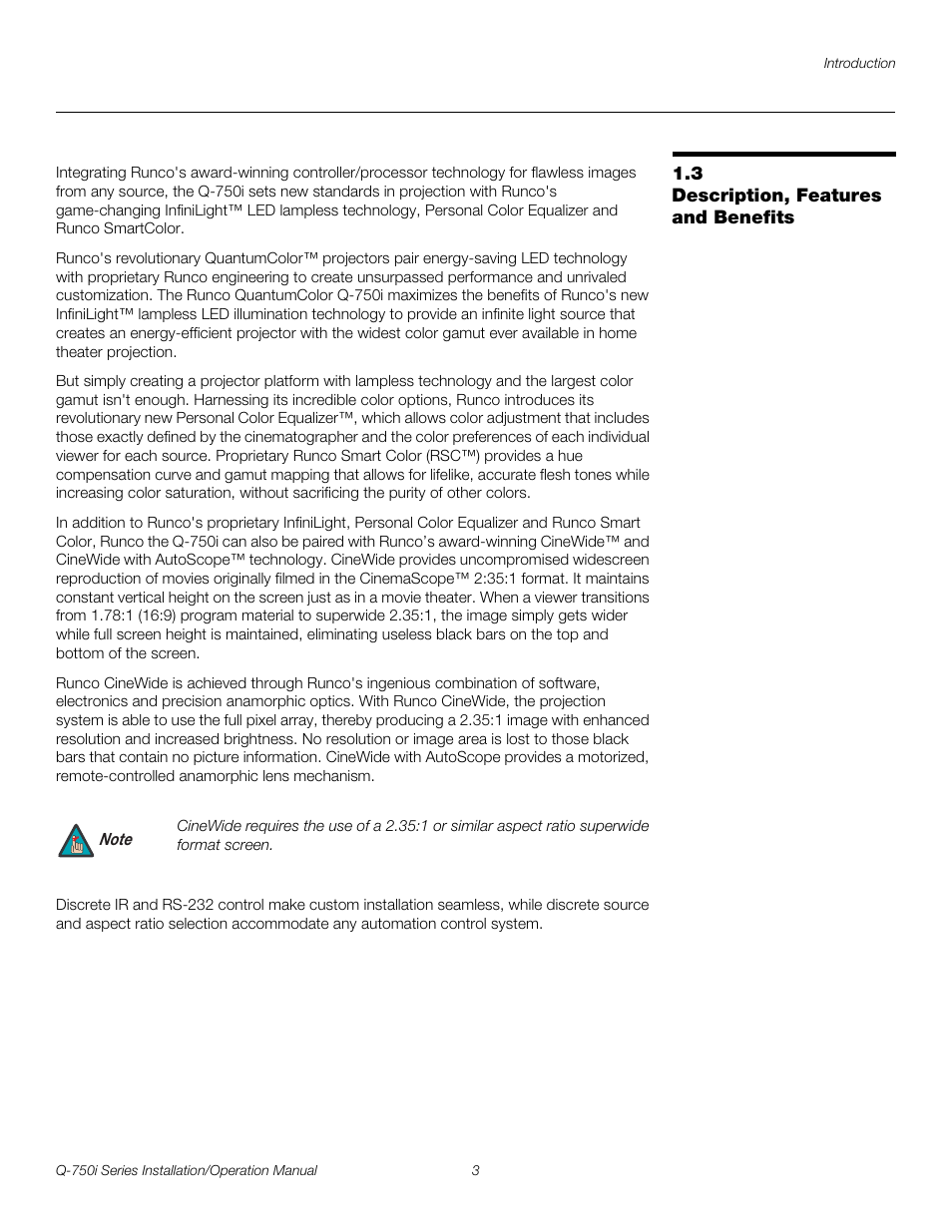 3 description, features and benefits, Description, features and benefits, Pre l iminar y | Runco QUANTUM COLOR Q-750I User Manual | Page 19 / 108