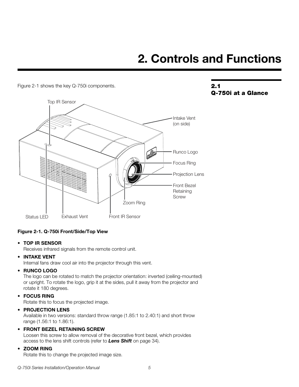 Controls and functions, 1 q-750i at a glance, Figure 2-1 . q-750i front/side/top view | Iminar, Q-750i at a glance, 1. q-750i front/side/top view, Pre l iminar y | Runco QUANTUM COLOR Q-750I User Manual | Page 21 / 108