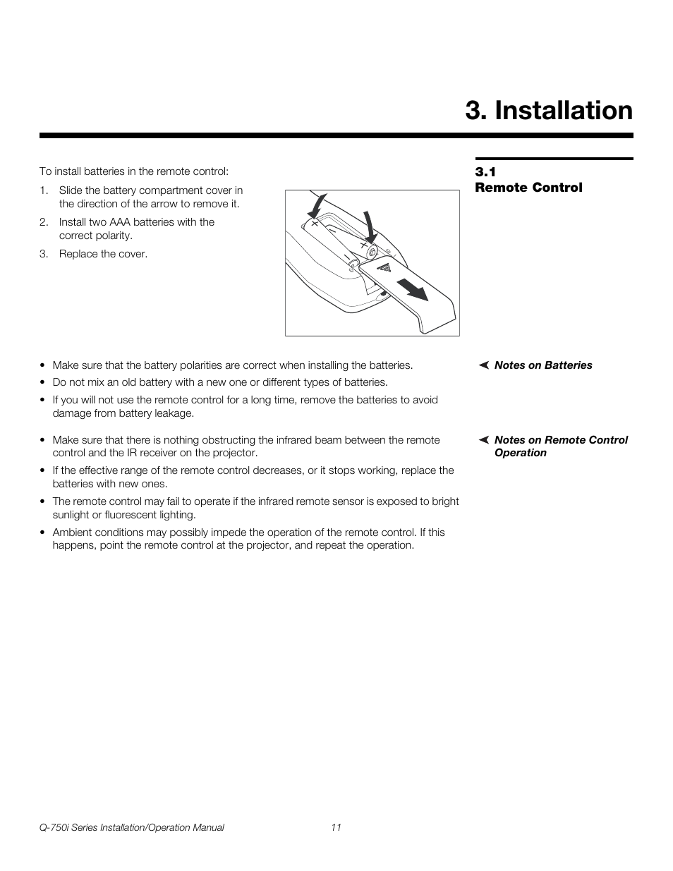 Installation, 1 remote control, Notes on batteries | Notes on remote control operation, Remote control, Pre l iminar y | Runco QUANTUM COLOR Q-750I User Manual | Page 27 / 108