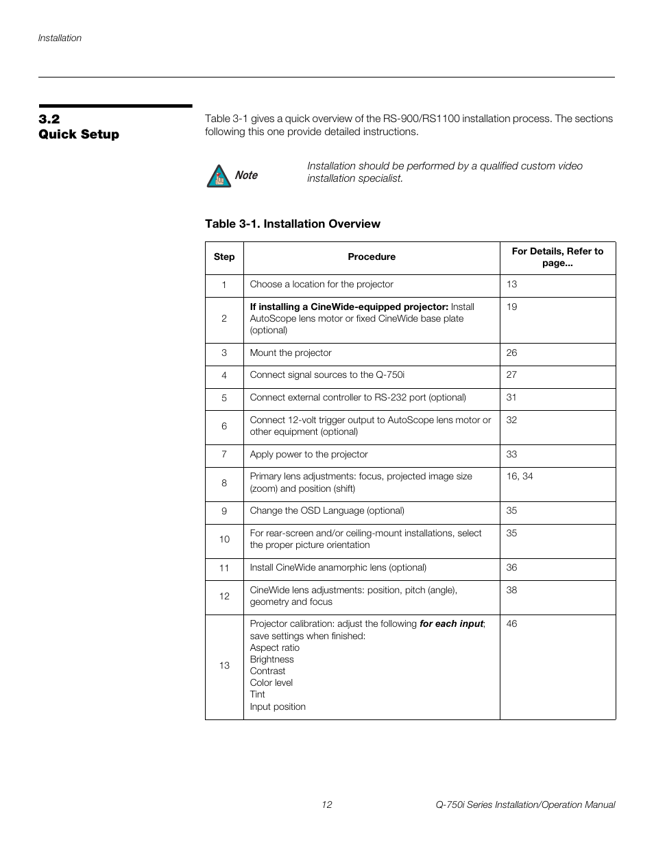 2 quick setup, Table 3-1 . installation overview, Quick setup | Pre l iminar y | Runco QUANTUM COLOR Q-750I User Manual | Page 28 / 108