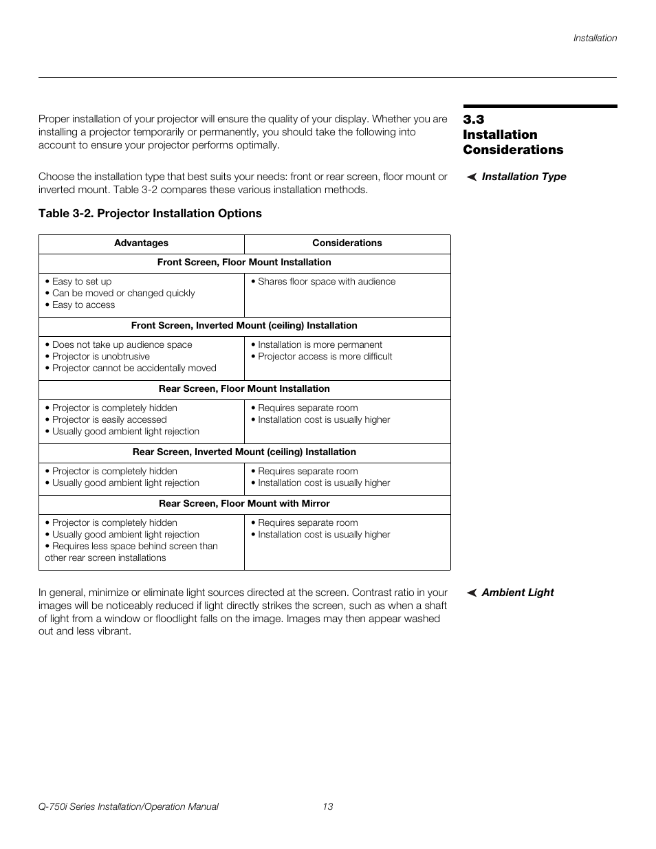 3 installation considerations, Installation type, Table 3-2 . projector installation options | Ambient light, Installation considerations, Pre l iminar y | Runco QUANTUM COLOR Q-750I User Manual | Page 29 / 108