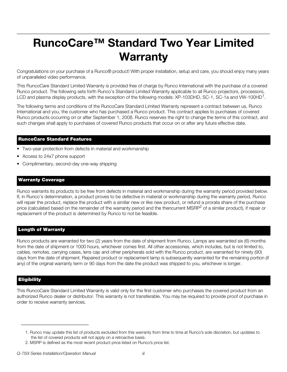 Runcocare™ standard two year limited warranty, Pre l iminar y | Runco QUANTUM COLOR Q-750I User Manual | Page 3 / 108