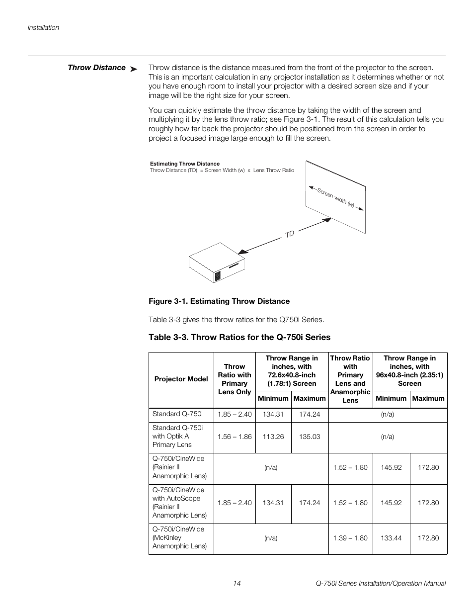 Throw distance, Figure 3-1 . estimating throw distance, Table 3-3 . throw ratios for the q-750i series | 1. estimating throw distance, Pre l iminar y | Runco QUANTUM COLOR Q-750I User Manual | Page 30 / 108