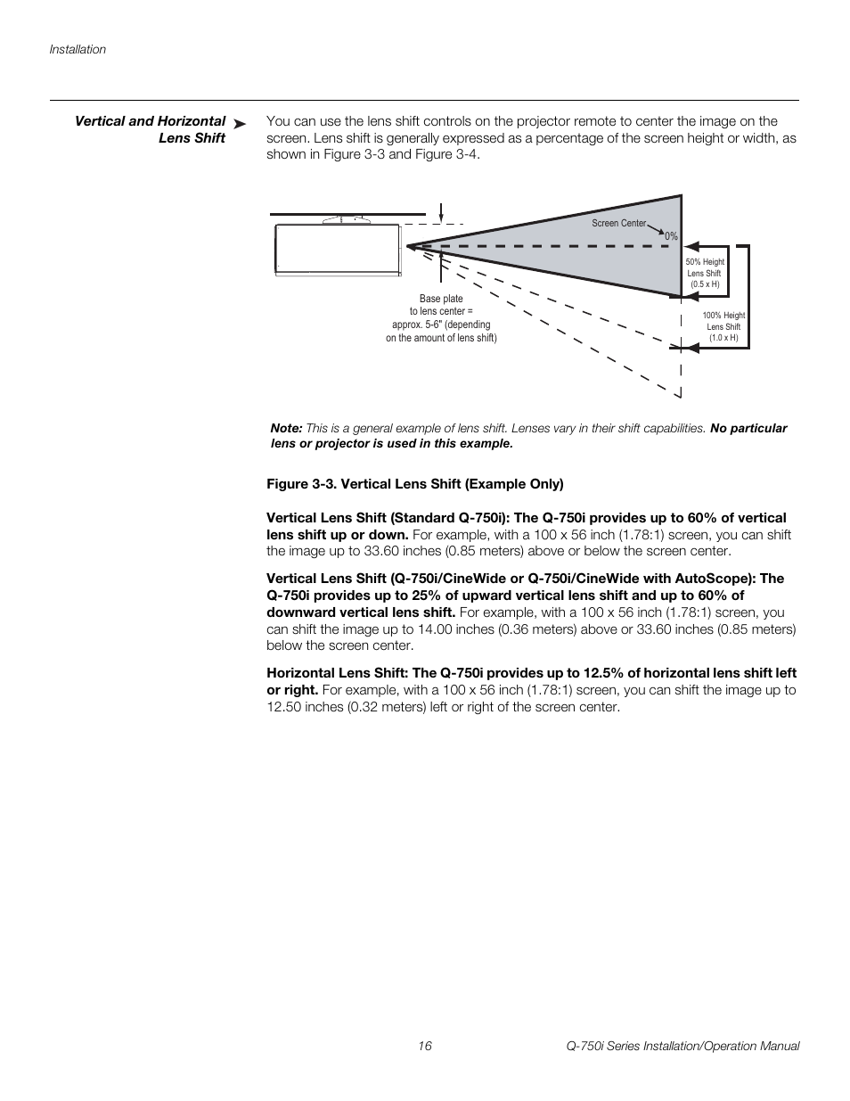 Vertical and horizontal lens shift, Figure 3-3 . vertical lens shift (example only), Vertical lens shift (standard q-750i) | Horizontal lens shift, 3. vertical lens shift (example only), Pre l iminar y | Runco QUANTUM COLOR Q-750I User Manual | Page 32 / 108