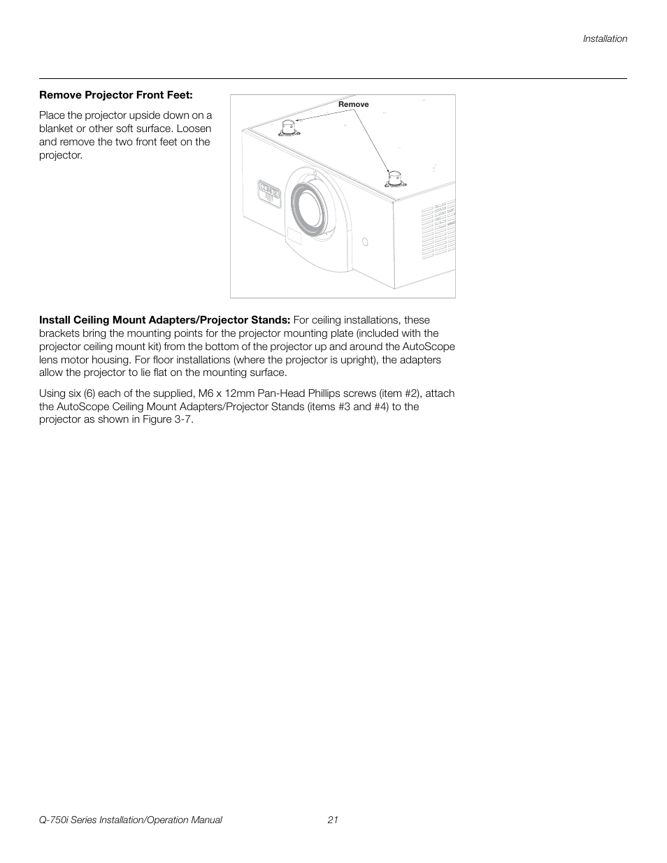 Remove projector front feet, Install ceiling mount adapters/projector stands, Pre l iminar y | Runco QUANTUM COLOR Q-750I User Manual | Page 37 / 108