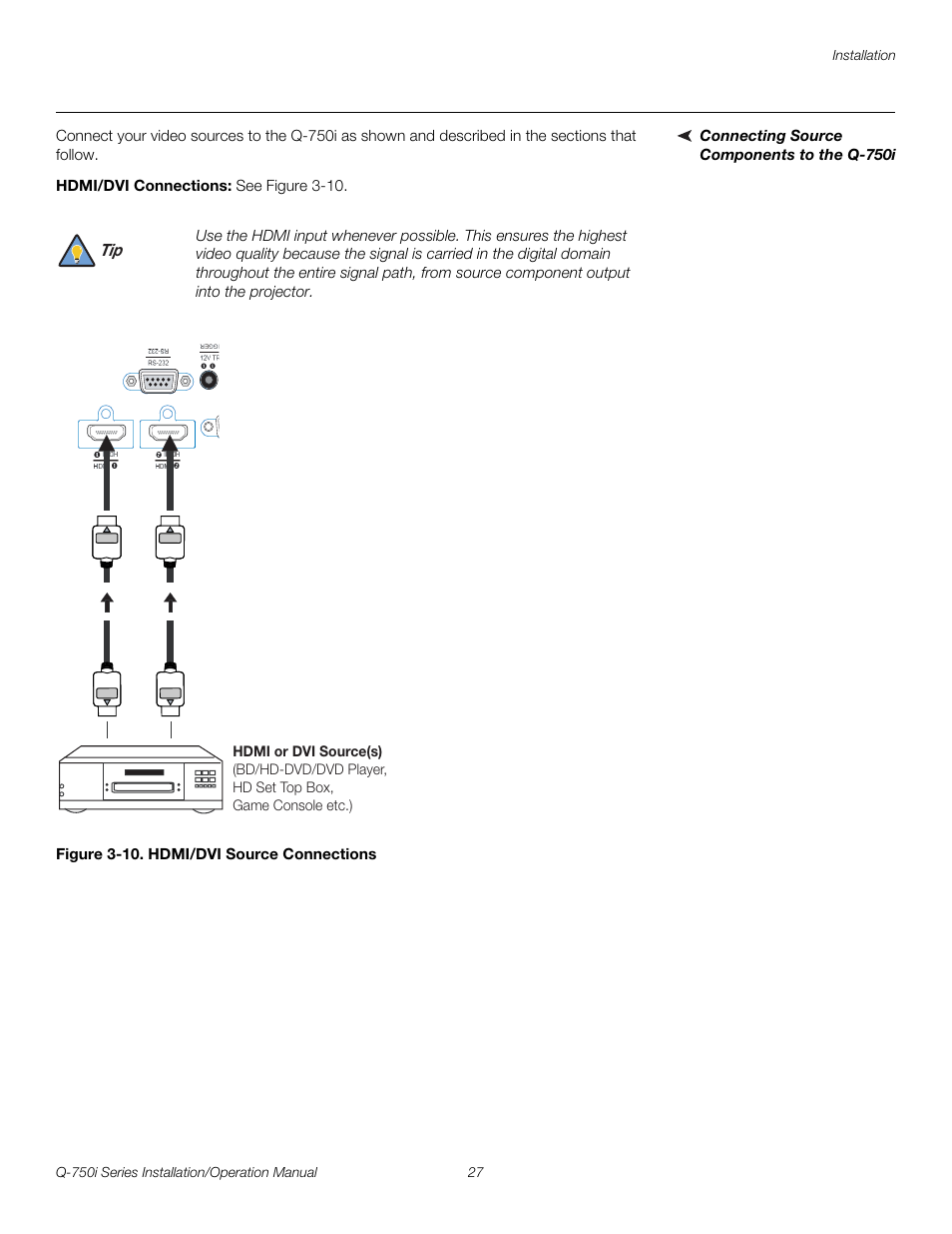 Connecting source components to the q-750i, Hdmi/dvi connections, Figure 3-10 . hdmi/dvi source connections | 10. hdmi/dvi source connections, Pre l iminar y | Runco QUANTUM COLOR Q-750I User Manual | Page 43 / 108