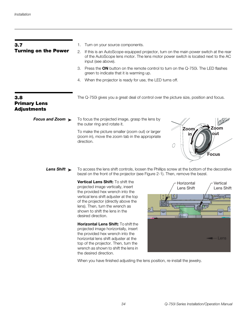 7 turning on the power, 8 primary lens adjustments, Focus and zoom | Lens shift, Vertical lens shift, Horizontal lens shift, Turning on the power, Primary lens adjustments, Pre l iminar y | Runco QUANTUM COLOR Q-750I User Manual | Page 50 / 108