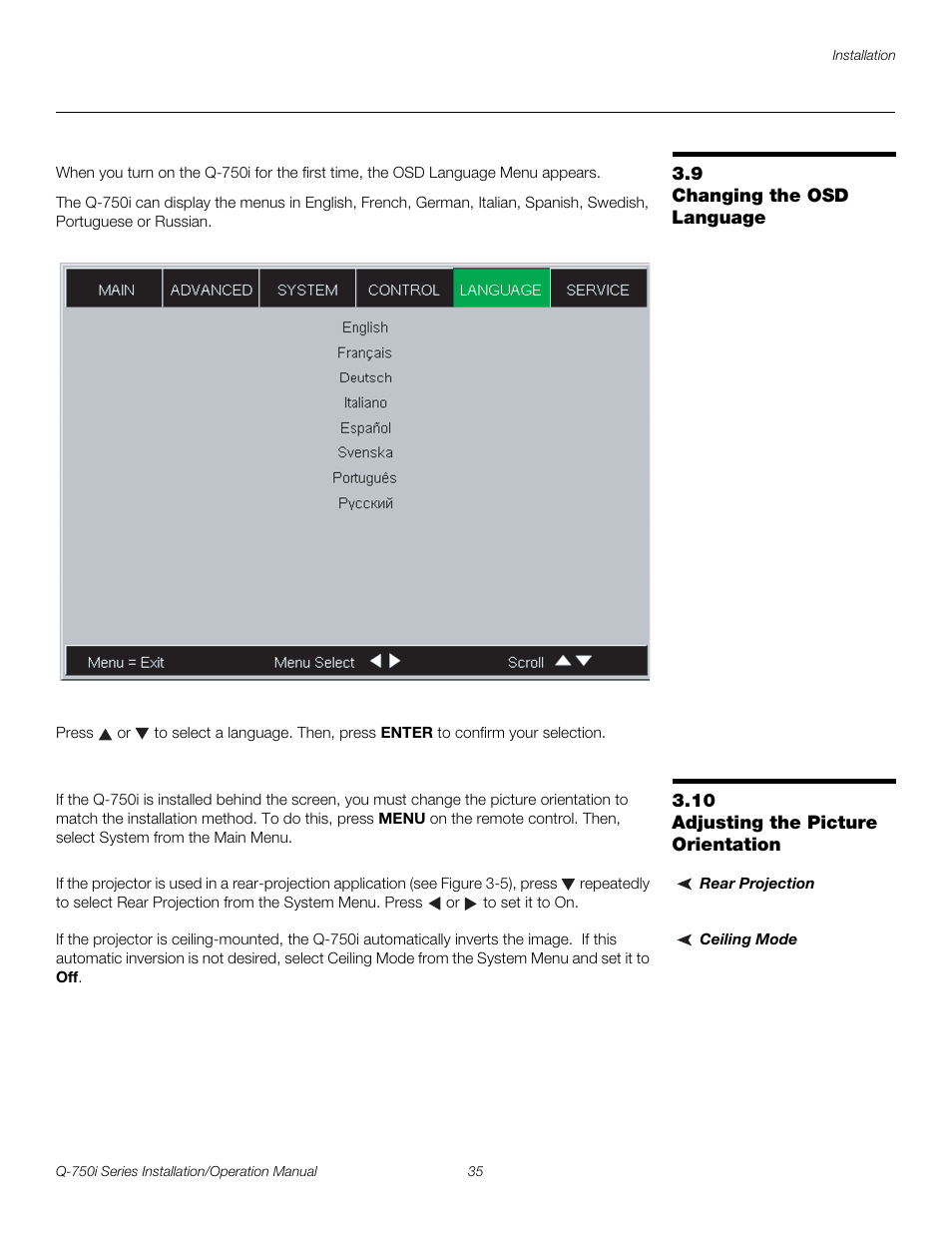 9 changing the osd language, 10 adjusting the picture orientation, Rear projection | Ceiling mode, Iminar, Changing the osd language, Adjusting the picture orientation, Pre l iminar y | Runco QUANTUM COLOR Q-750I User Manual | Page 51 / 108