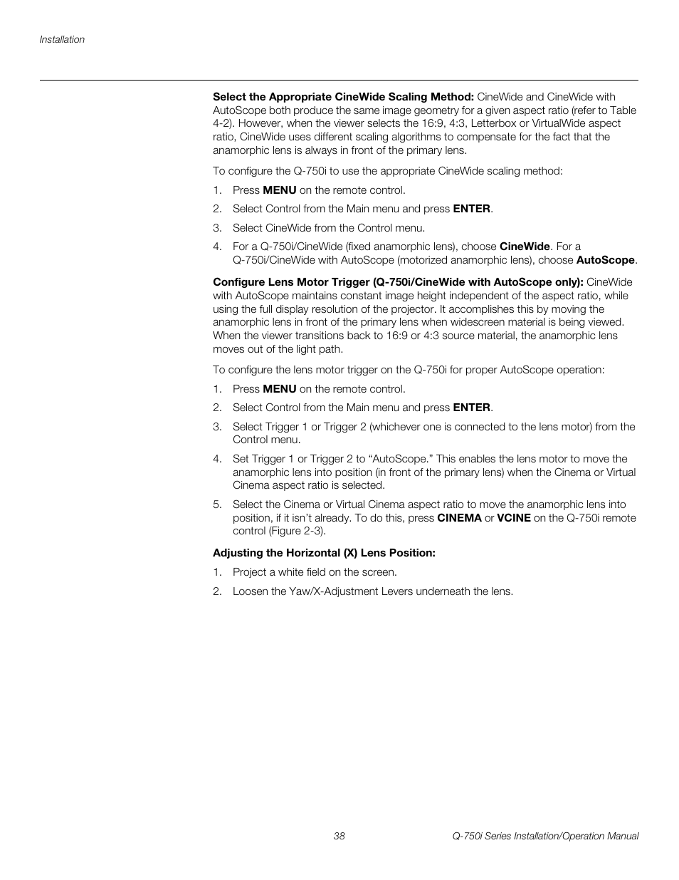 Select the appropriate cinewide scaling method, Adjusting the horizontal (x) lens position, Pre l iminar y | Runco QUANTUM COLOR Q-750I User Manual | Page 54 / 108