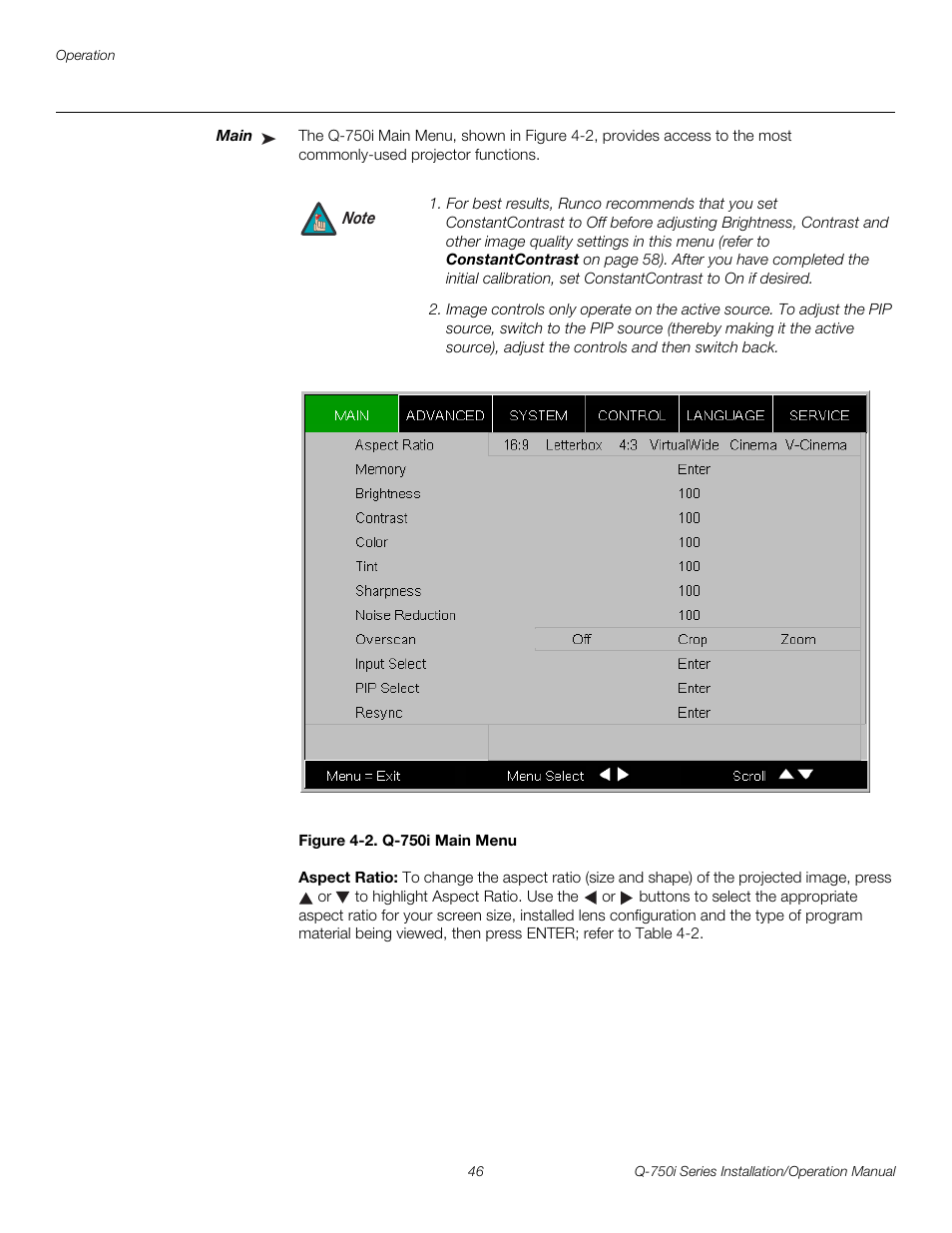 Main, Figure 4-2 . q-750i main menu, Aspect ratio | 2. q-750i main menu, Pre l iminar y | Runco QUANTUM COLOR Q-750I User Manual | Page 62 / 108
