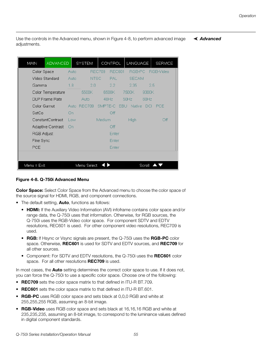 Advanced, Figure 4-8 . q-750i advanced menu, Color space | 8. q-750i advanced menu, Pre l iminar y | Runco QUANTUM COLOR Q-750I User Manual | Page 71 / 108