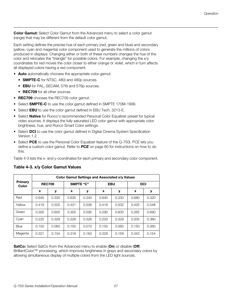 Color gamut, Table 4-3 . x/y color gamut values, Satco | Pre l iminar y | Runco QUANTUM COLOR Q-750I User Manual | Page 73 / 108