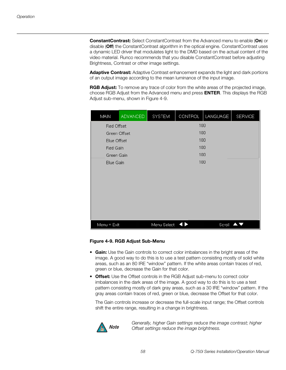 Constantcontrast, Adaptive contrast, Rgb adjust | Figure 4-9 . rgb adjust sub-menu, 9. rgb adjust sub-menu, Pre l iminar y | Runco QUANTUM COLOR Q-750I User Manual | Page 74 / 108