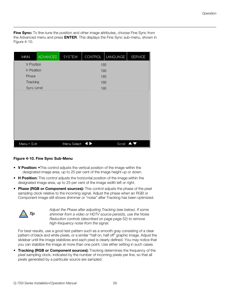 Fine sync, Figure 4-10 . fine sync sub-menu, 10. fine sync sub-menu | Pre l iminar y | Runco QUANTUM COLOR Q-750I User Manual | Page 75 / 108