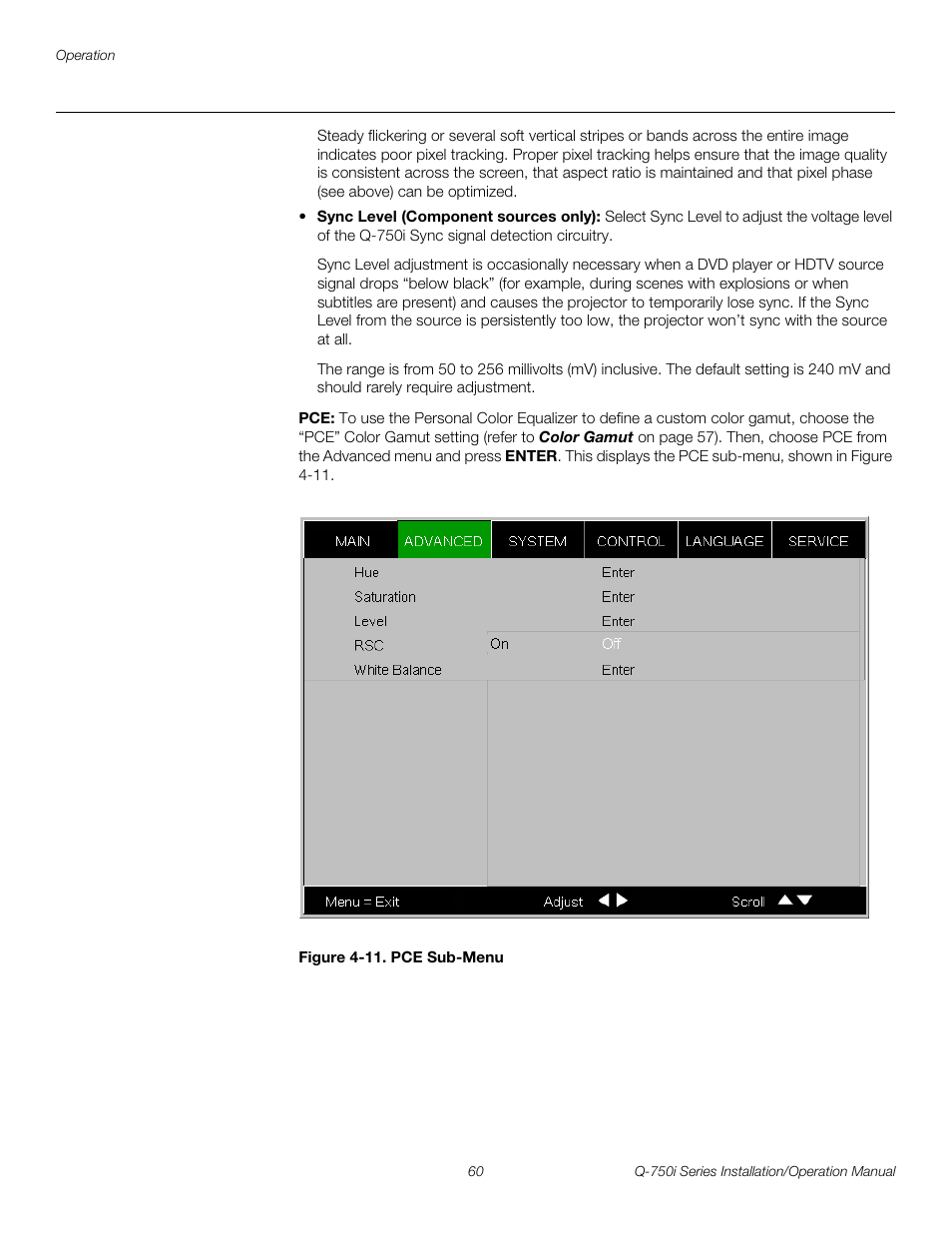 Figure 4-11 . pce sub-menu, 11. pce sub-menu, Iminar | Pre l iminar y | Runco QUANTUM COLOR Q-750I User Manual | Page 76 / 108