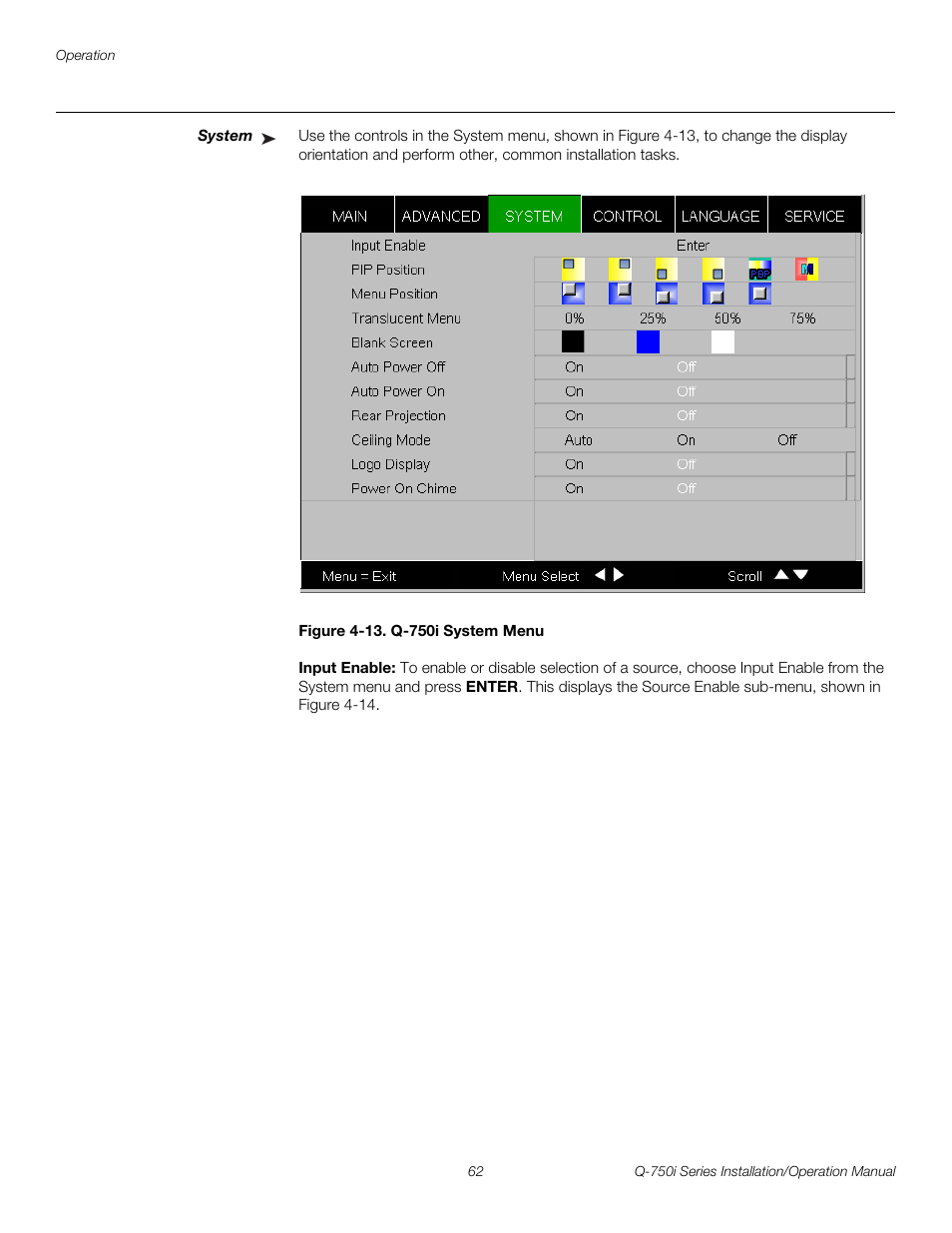 System, Figure 4-13 . q-750i system menu, Input enable | 13. q-750i system menu, System fro, System m, Pre l iminar y | Runco QUANTUM COLOR Q-750I User Manual | Page 78 / 108