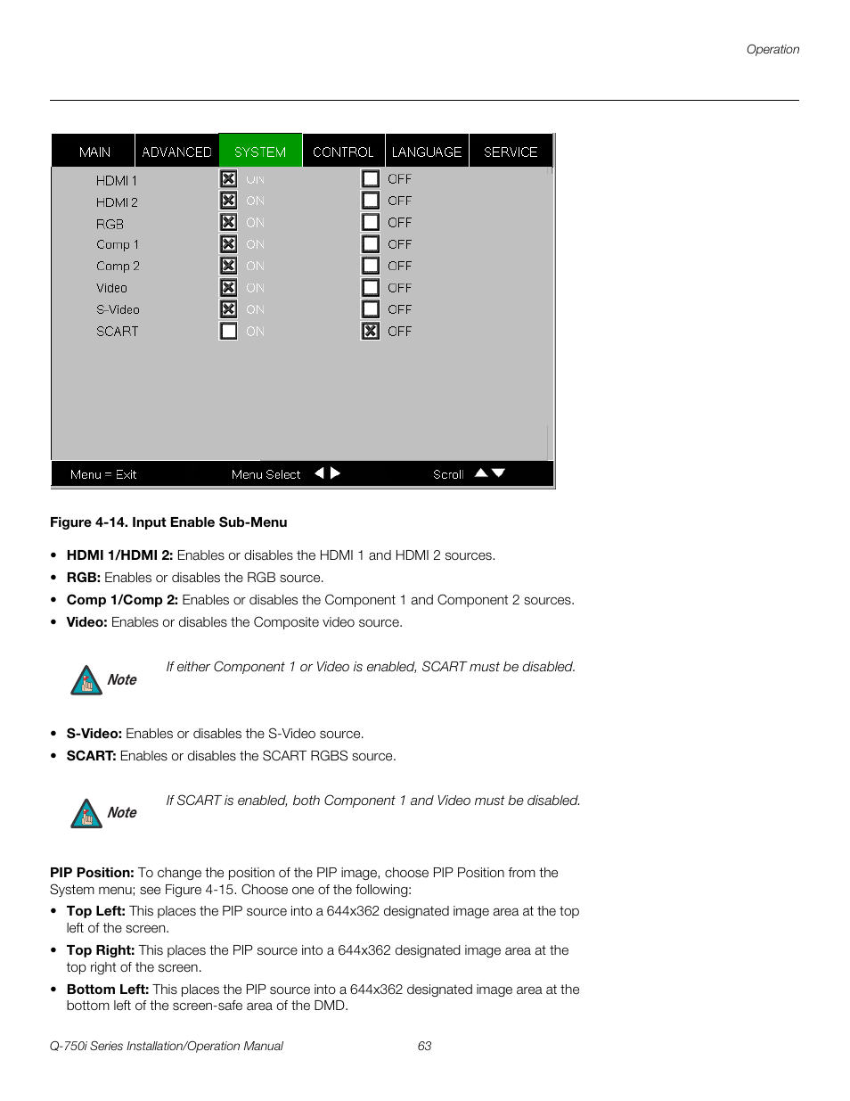 Figure 4-14 . input enable sub-menu, Pip position, 14. input enable sub-menu | Figure 4-14, Pre l iminar y | Runco QUANTUM COLOR Q-750I User Manual | Page 79 / 108