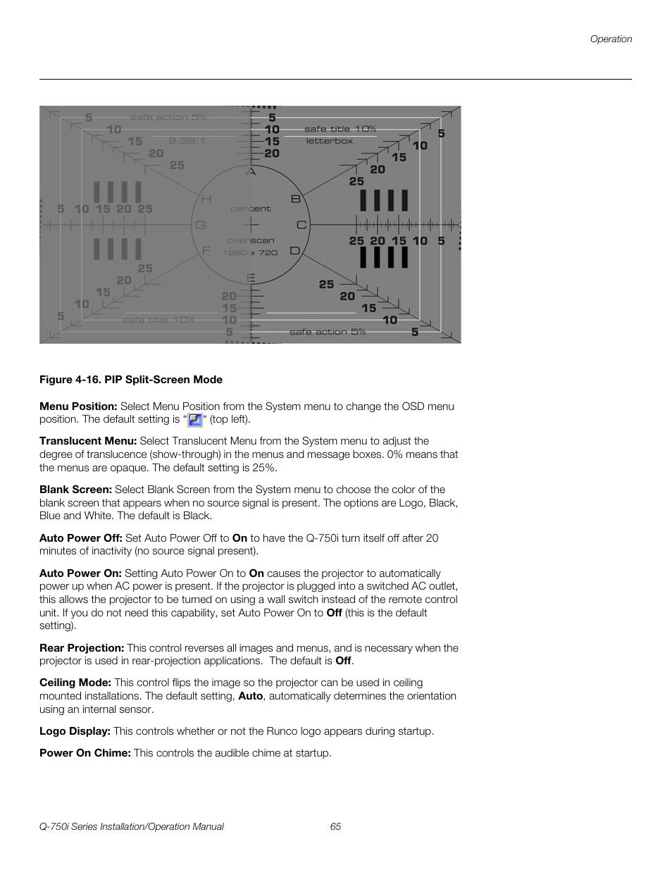 Figure 4-16 . pip split-screen mode, Menu position, Translucent menu | Blank screen, Auto power off, Auto power on, Rear projection, Ceiling mode, Logo display, Power on chime | Runco QUANTUM COLOR Q-750I User Manual | Page 81 / 108