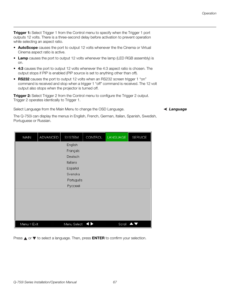 Trigger 1, Trigger 2, Language | Iminar, Ct trigger 1, Trigger 1 or trigger 2 to, Pre l iminar y | Runco QUANTUM COLOR Q-750I User Manual | Page 83 / 108