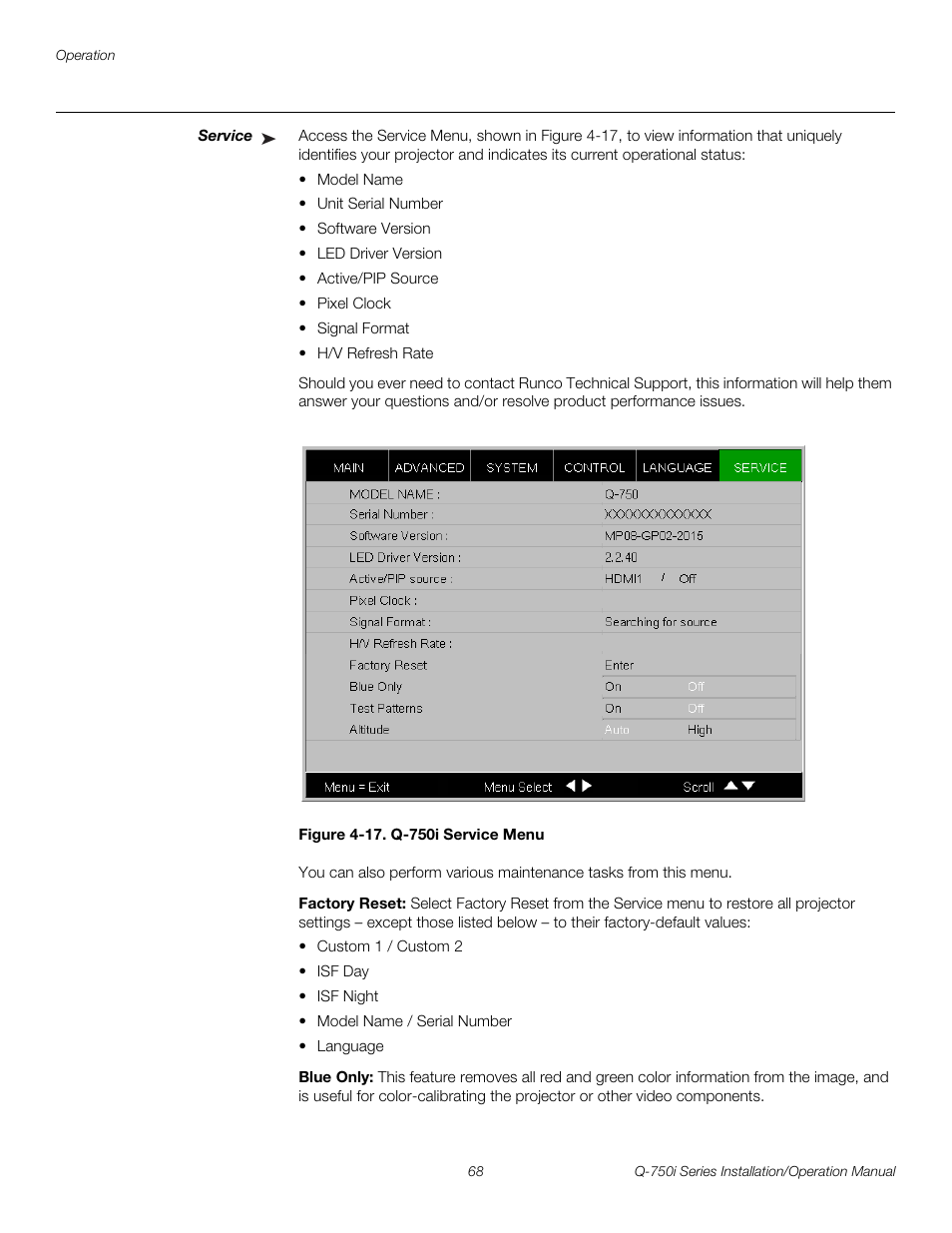 Service, Figure 4-17 . q-750i service menu, Factory reset | Blue only, 17. q-750i service menu, Pre l iminar y | Runco QUANTUM COLOR Q-750I User Manual | Page 84 / 108
