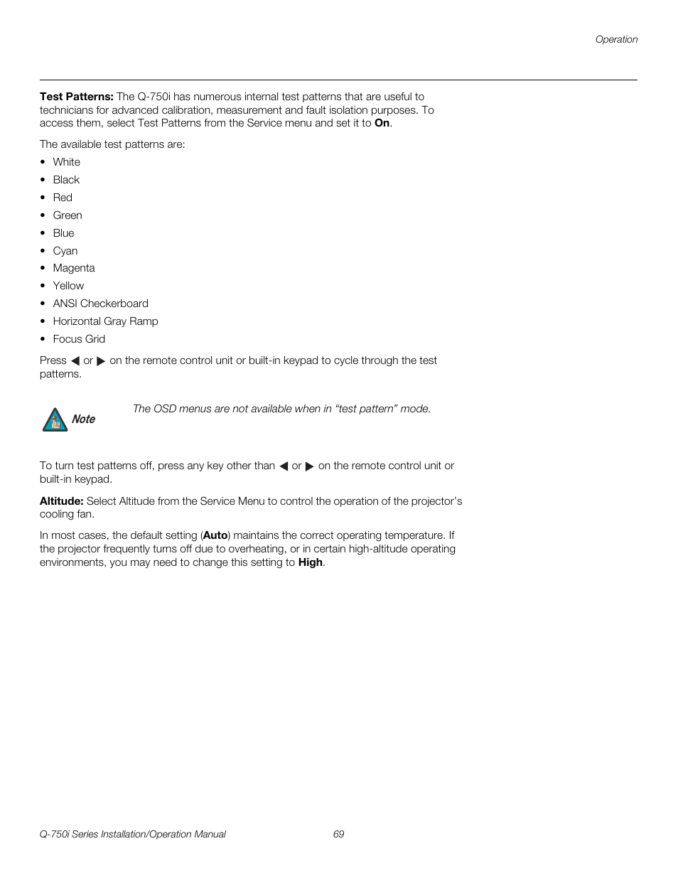 Test patterns, Altitude, Pre l iminar y | Runco QUANTUM COLOR Q-750I User Manual | Page 85 / 108