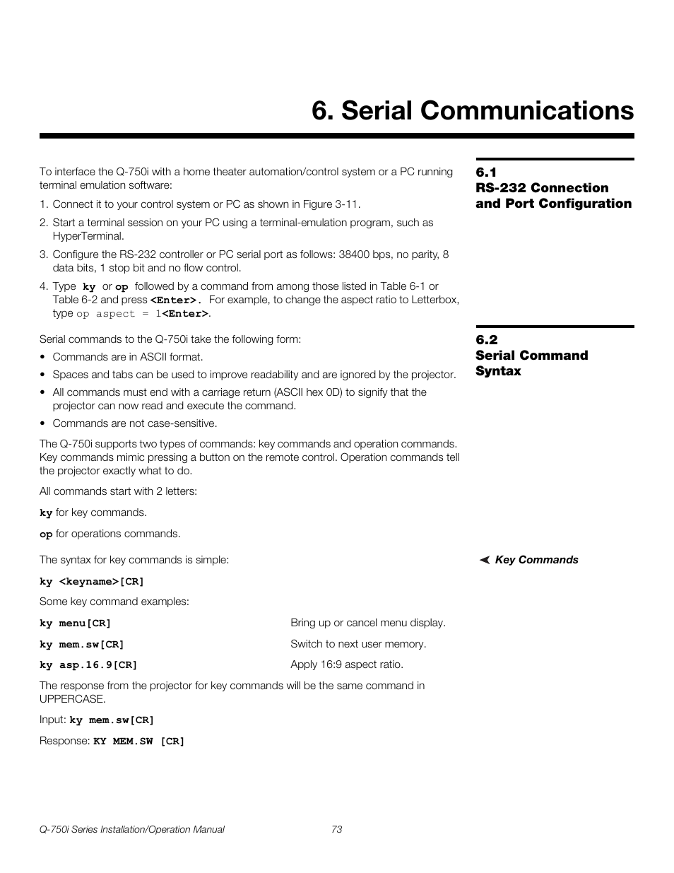 Serial communications, 1 rs-232 connection and port configuration, 2 serial command syntax | Key commands, Rs-232 connection and port configuration, Serial command syntax, Pre l iminar y | Runco QUANTUM COLOR Q-750I User Manual | Page 89 / 108