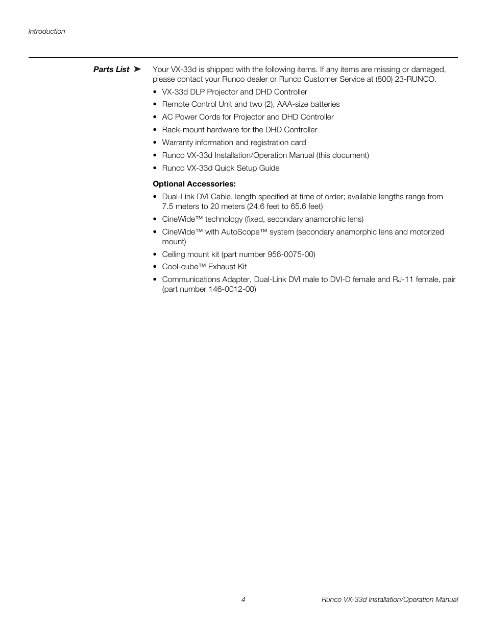 Parts list, Optional accessories, Pre l iminar y | Runco VX VIDEO XTREME VX-33D User Manual | Page 20 / 94