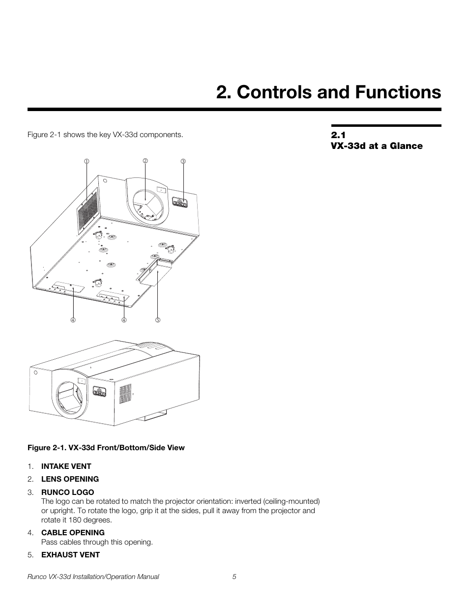 Controls and functions, 1 vx-33d at a glance, Figure 2-1 . vx-33d front/bottom/side view | Iminar, Vx-33d at a glance, 1. vx-33d front/bottom/side view, Pre l iminar y | Runco VX VIDEO XTREME VX-33D User Manual | Page 21 / 94