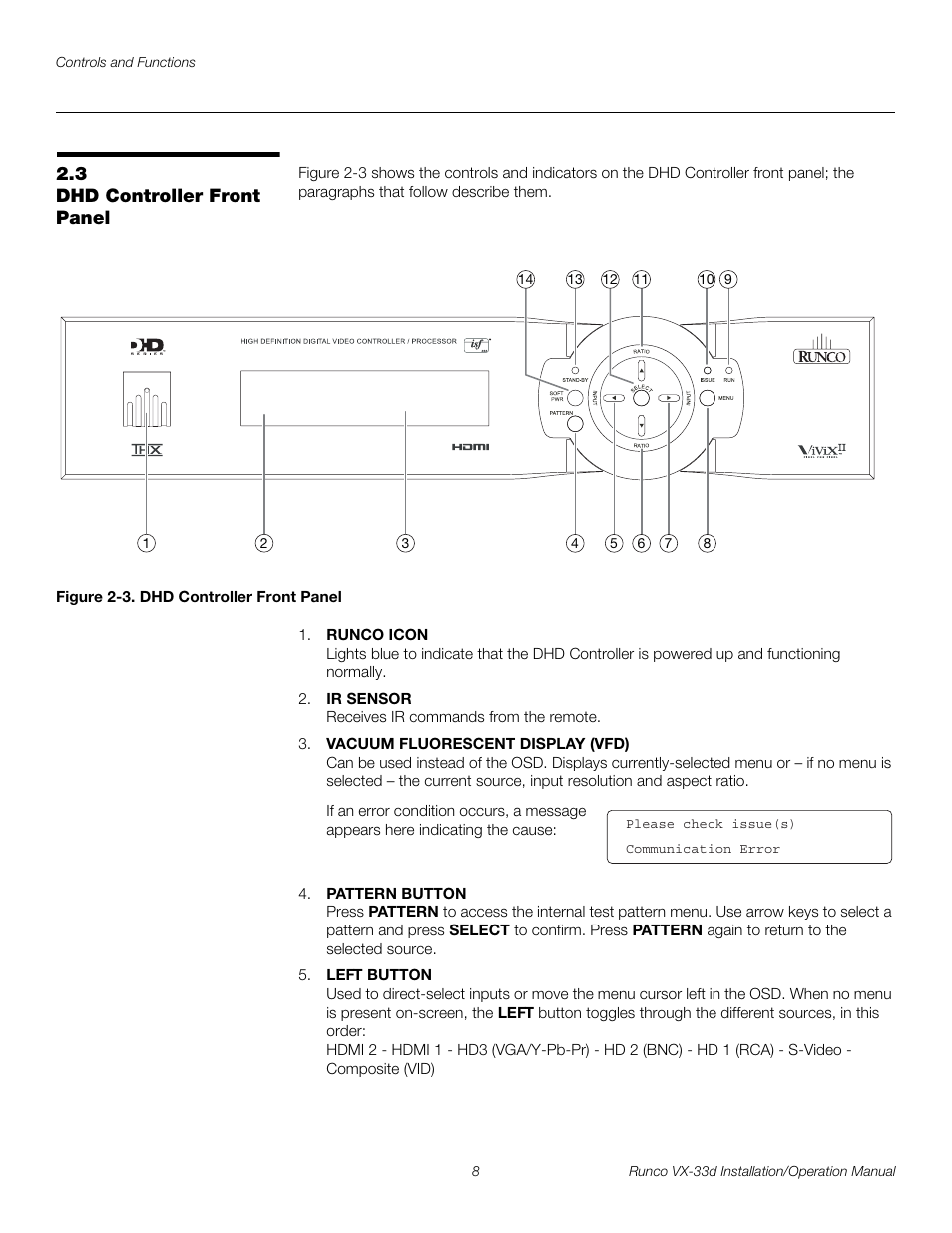 3 dhd controller front panel, Figure 2-3 . dhd controller front panel, Dhd controller front panel | 3. dhd controller front panel, Pre l iminar y | Runco VX VIDEO XTREME VX-33D User Manual | Page 24 / 94