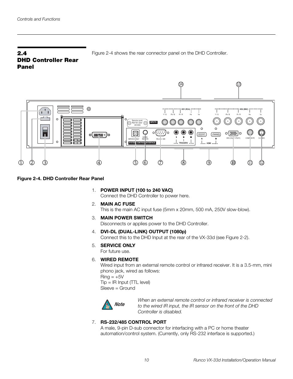 4 dhd controller rear panel, Figure 2-4 . dhd controller rear panel, Dhd controller rear panel | 4. dhd controller rear panel, Pre l iminar y | Runco VX VIDEO XTREME VX-33D User Manual | Page 26 / 94