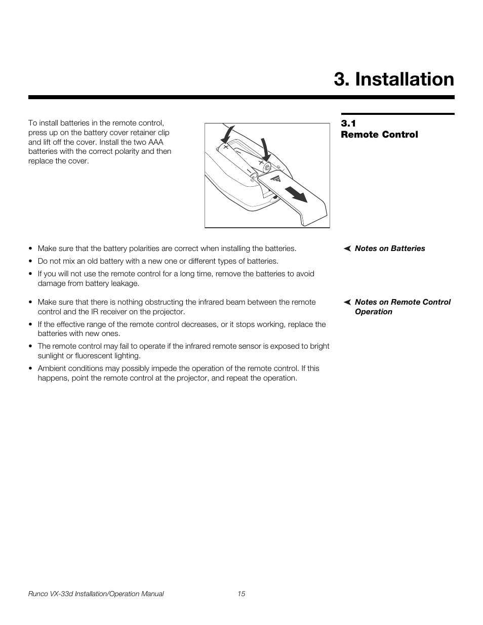 Installation, 1 remote control, Notes on batteries | Notes on remote control operation, Remote control, Pre l iminar y | Runco VX VIDEO XTREME VX-33D User Manual | Page 31 / 94