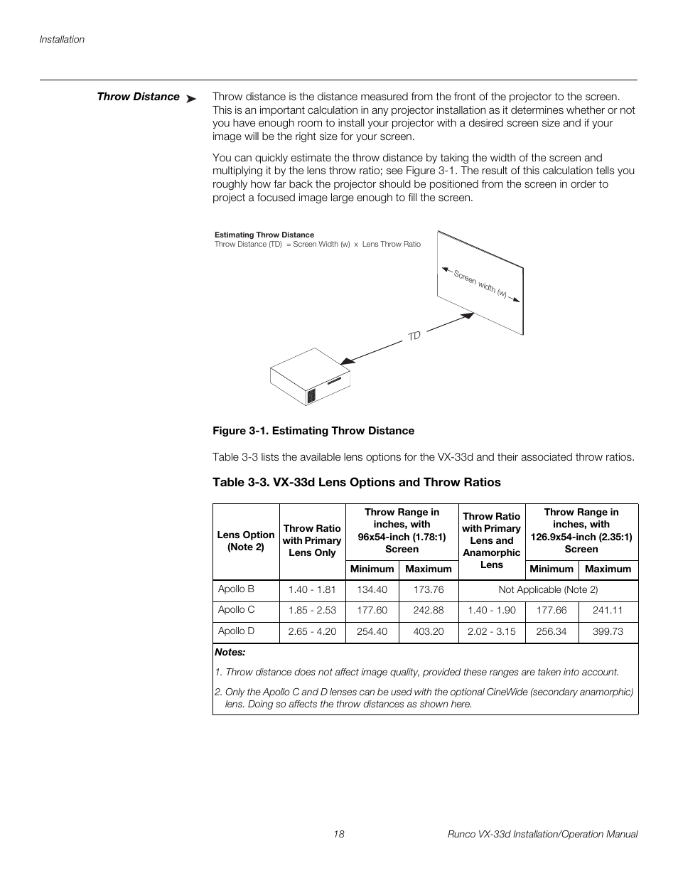 Throw distance, Figure 3-1 . estimating throw distance, Table 3-3 . vx-33d lens options and throw ratios | 1. estimating throw distance, Pre l iminar y | Runco VX VIDEO XTREME VX-33D User Manual | Page 34 / 94