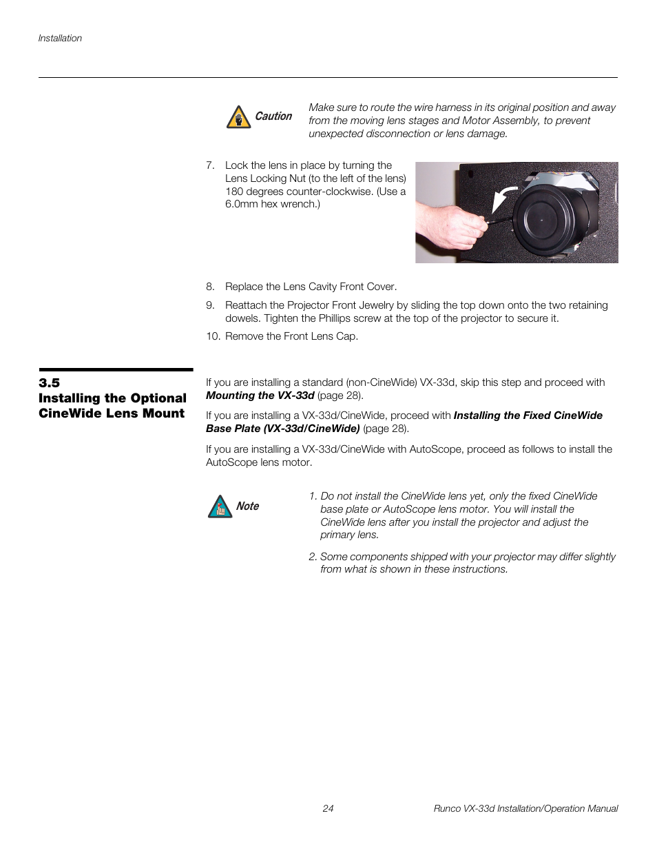 5 installing the optional cinewide lens mount, Installing the optional cinewide lens mount, Pre l iminar y | Runco VX VIDEO XTREME VX-33D User Manual | Page 40 / 94