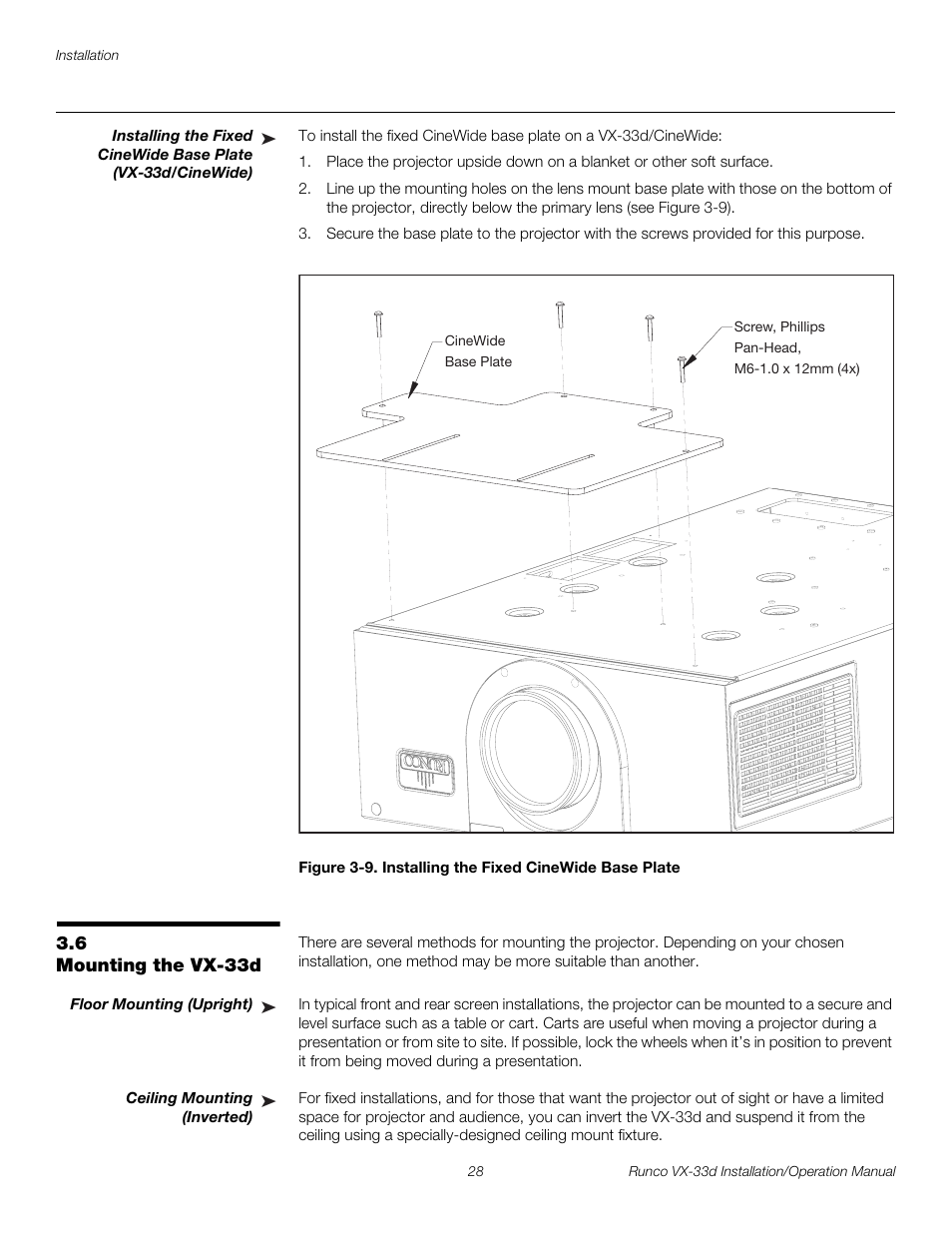 6 mounting the vx-33d, Floor mounting (upright), Ceiling mounting (inverted) | Mounting the vx-33d, Iminar, 9. installing the fixed cinewide base plate, Pre l iminar y | Runco VX VIDEO XTREME VX-33D User Manual | Page 44 / 94