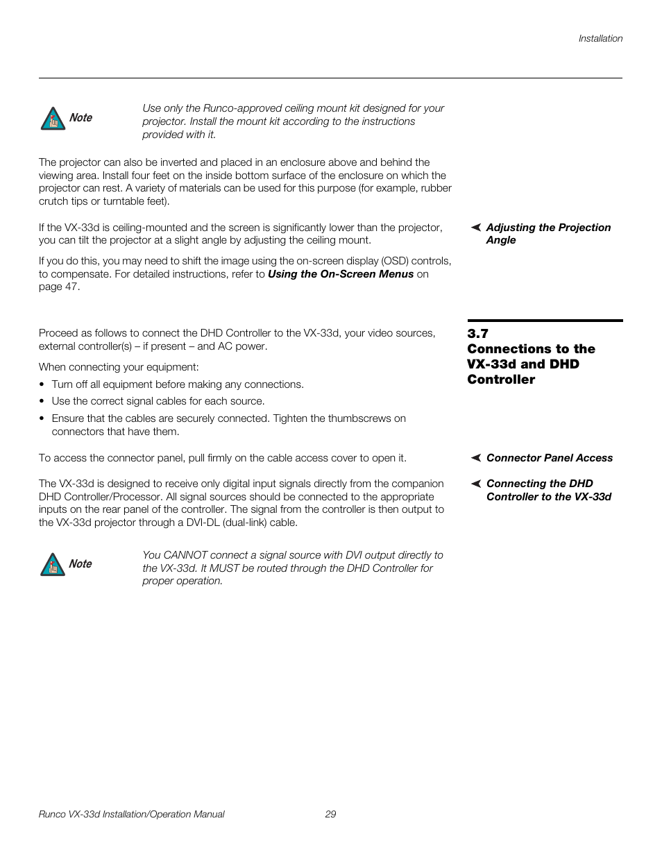 Adjusting the projection angle, 7 connections to the vx-33d and dhd controller, Connector panel access | Connecting the dhd controller to the vx-33d, Connections to the vx-33d and dhd controller, Pre l iminar y | Runco VX VIDEO XTREME VX-33D User Manual | Page 45 / 94