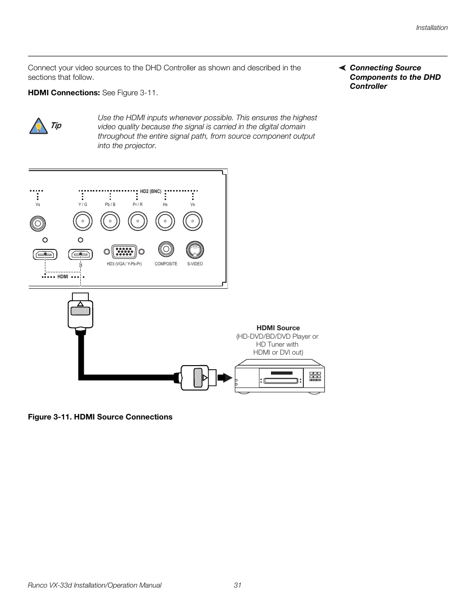 Connecting source components to the dhd controller, Hdmi connections, Figure 3-11 . hdmi source connections | 11. hdmi source connections, Pre l iminar y | Runco VX VIDEO XTREME VX-33D User Manual | Page 47 / 94