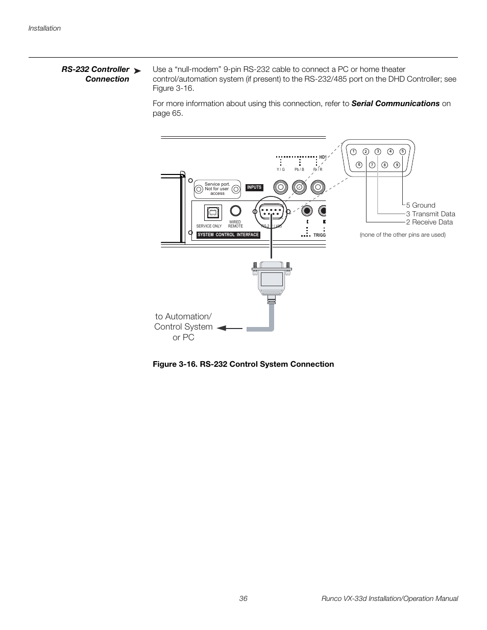 Rs-232 controller connection, Figure 3-16 . rs-232 control system connection, 16. rs-232 control system connection | Pre l iminar y | Runco VX VIDEO XTREME VX-33D User Manual | Page 52 / 94