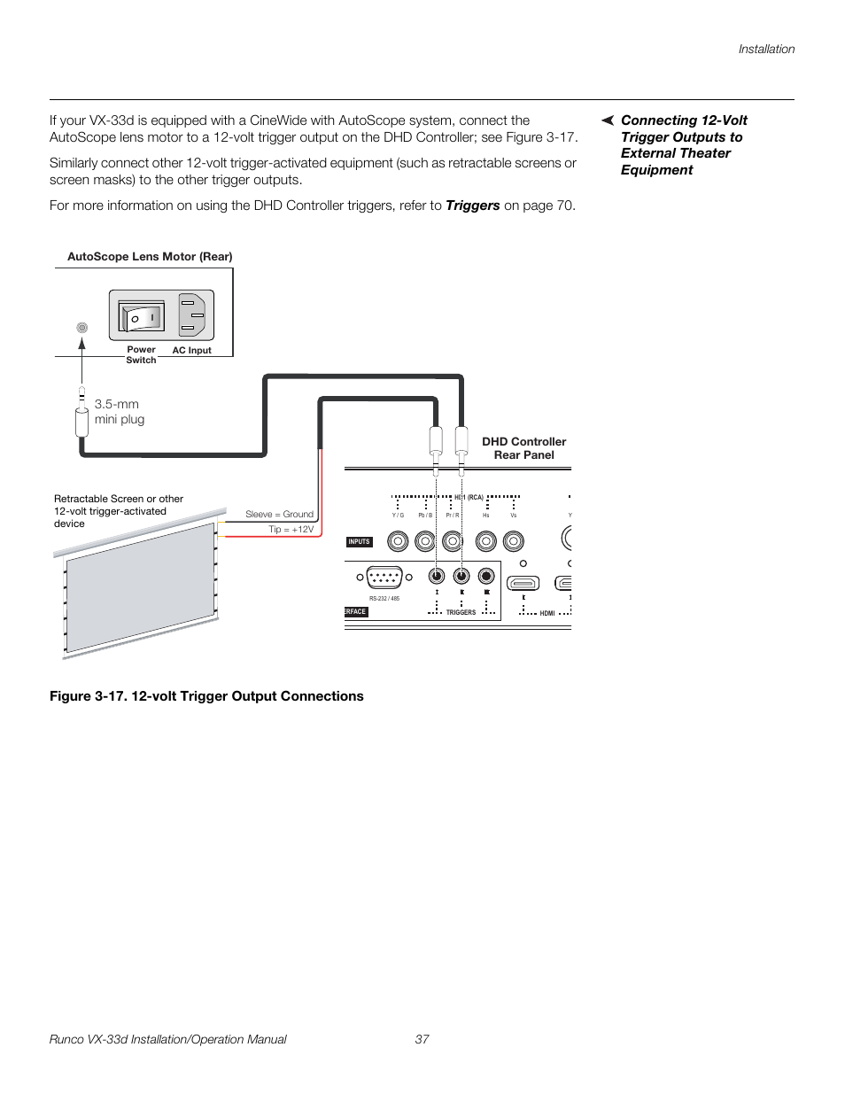 Figure 3-17 . 12-volt trigger output connections, 17. 12-volt trigger output connections, Pre l iminar y | Runco VX VIDEO XTREME VX-33D User Manual | Page 53 / 94