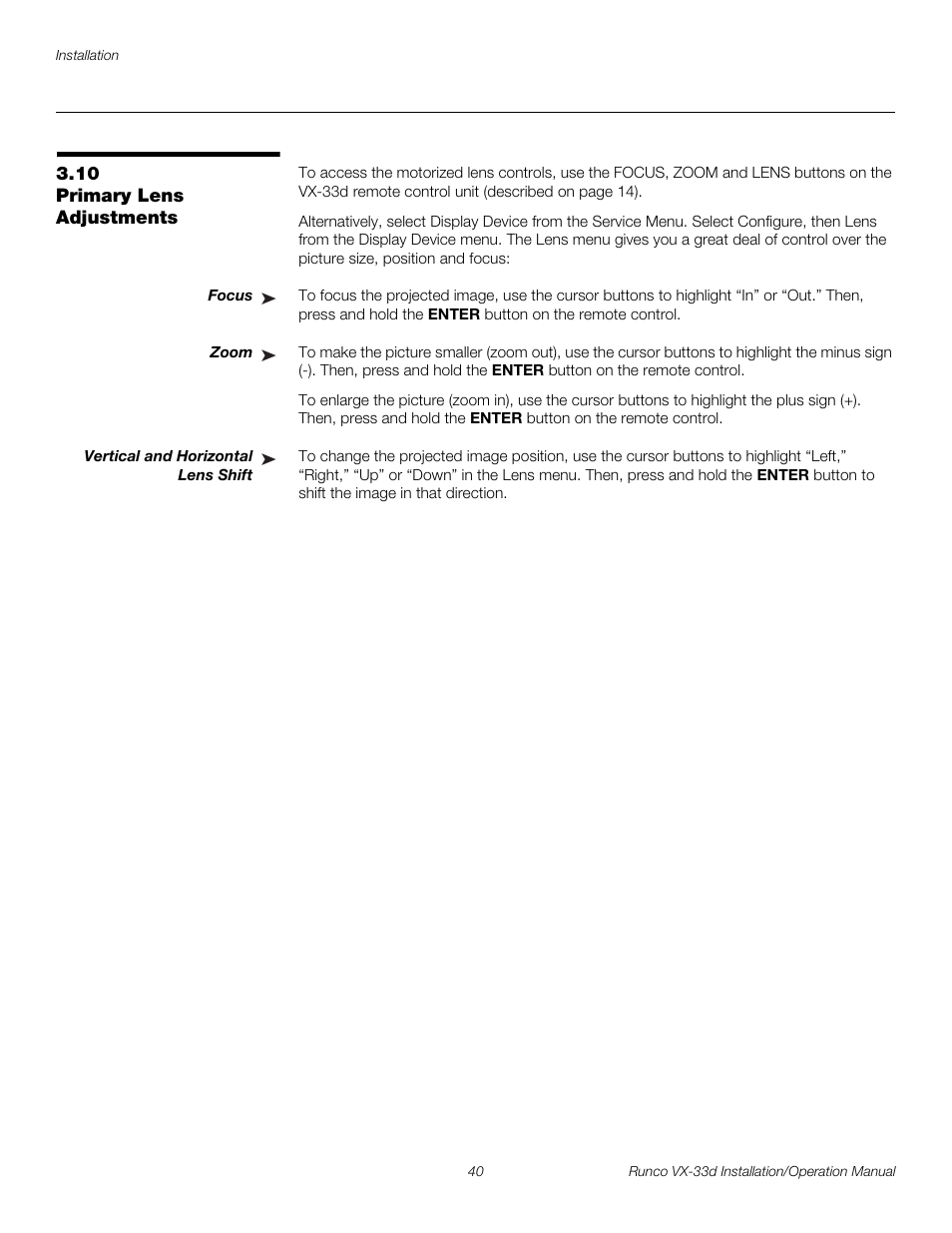 10 primary lens adjustments, Focus, Zoom | Vertical and horizontal lens shift, Iminar, Primary lens adjustments, Pre l iminar y | Runco VX VIDEO XTREME VX-33D User Manual | Page 56 / 94
