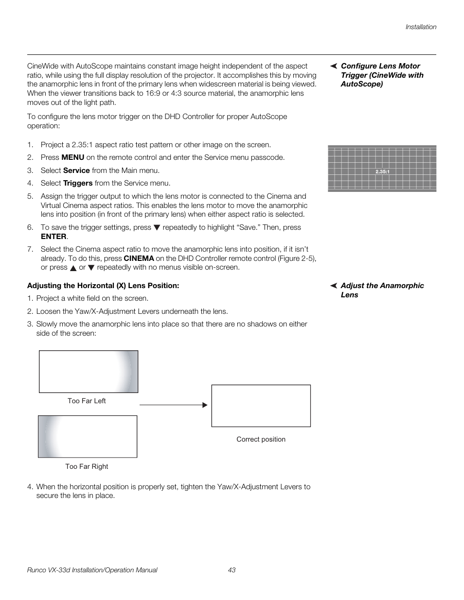 Adjust the anamorphic lens, Adjusting the horizontal (x) lens position, Pre l iminar y | Runco VX VIDEO XTREME VX-33D User Manual | Page 59 / 94