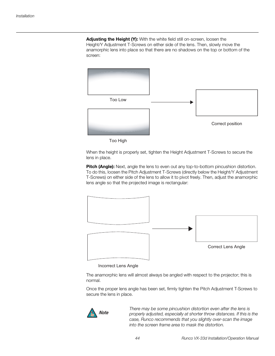 Adjusting the height (y), Pitch (angle), Pre l iminar y | Runco VX VIDEO XTREME VX-33D User Manual | Page 60 / 94